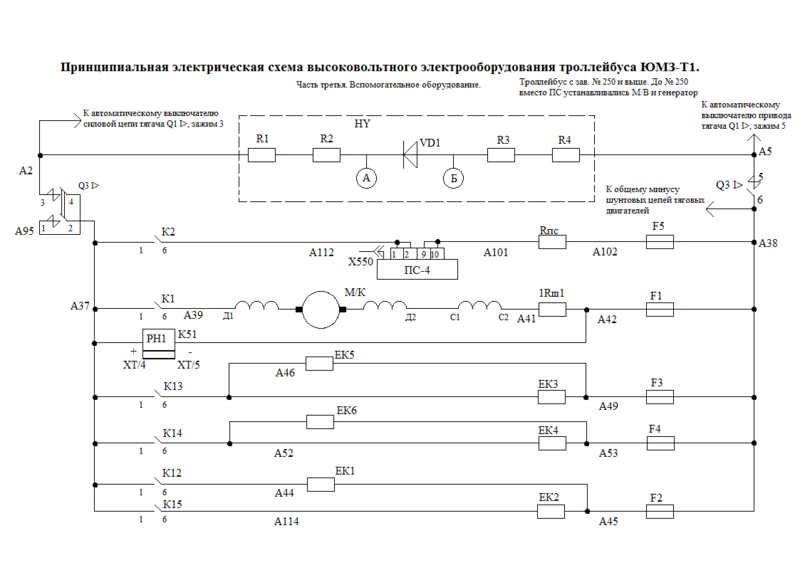 Принципиальные электрические схемы высоковольтного оборудования троллейбуса ЮМЗ Т1